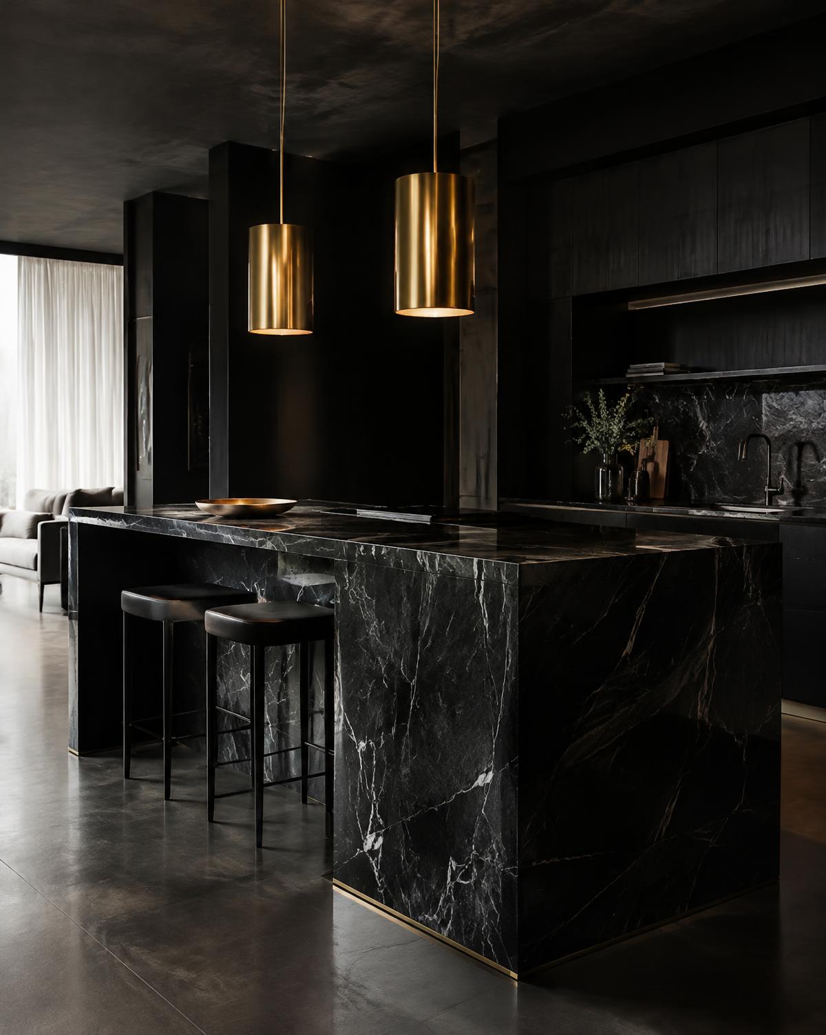 Black marble kitchen with gold pendant lights